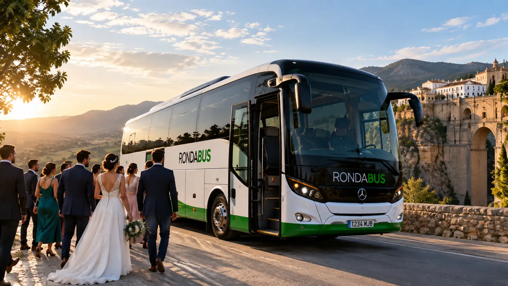 Invités d’un mariage à côté d’un autocar Rondabus à Ronda
