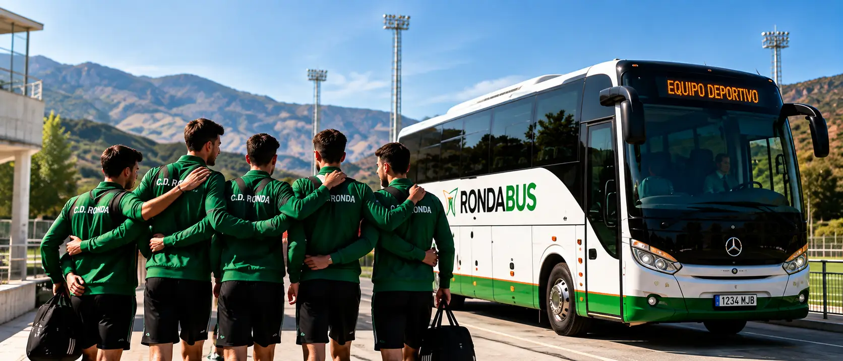 Sports team gathered beside a Rondabus coach
