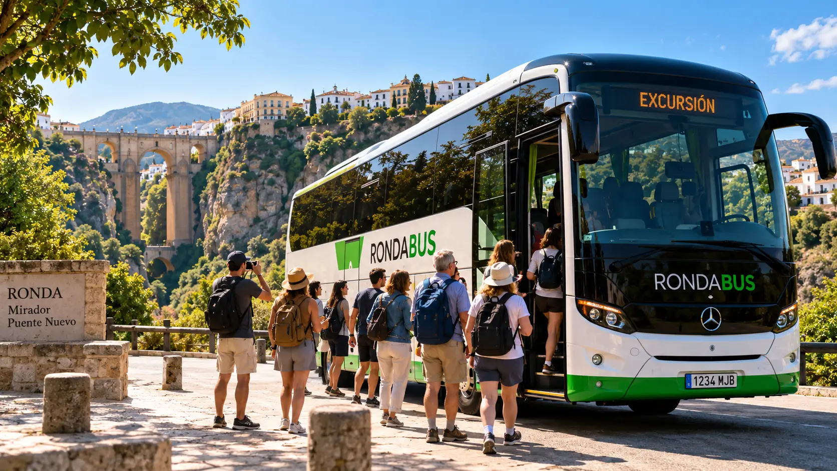 Travellers boarding a Rondabus coach on an excursion in Ronda