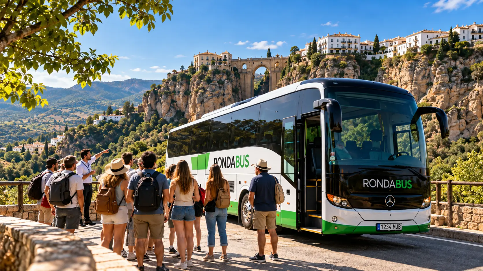 Group of travellers beside a Rondabus coach in Ronda