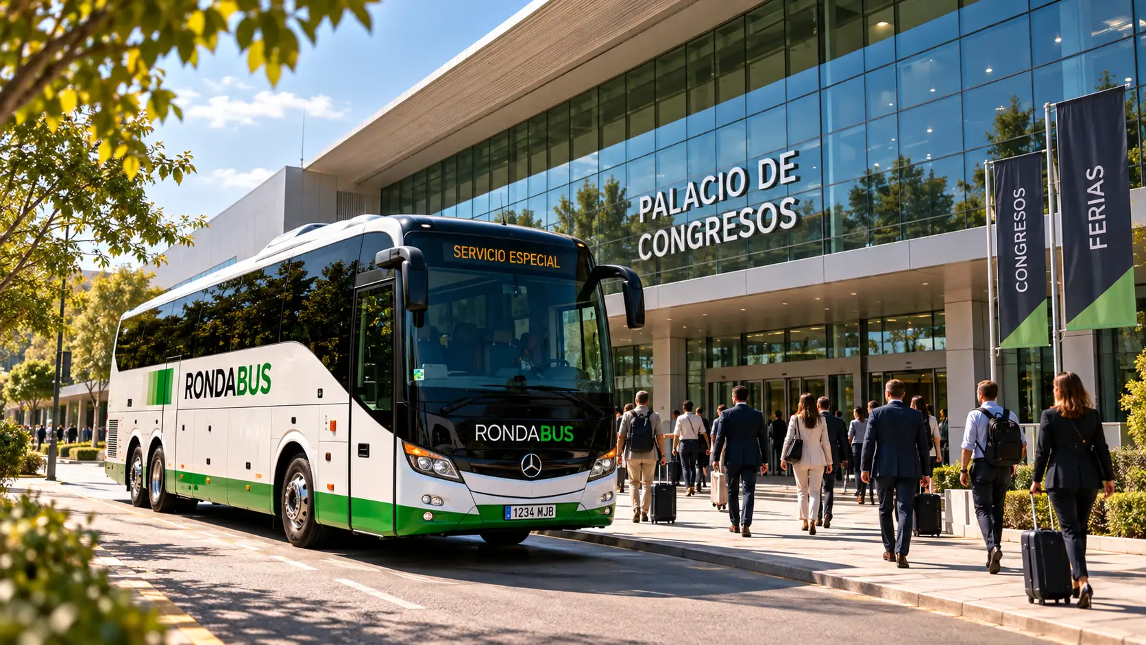 Participants à un congrès à côté d’un autocar Rondabus