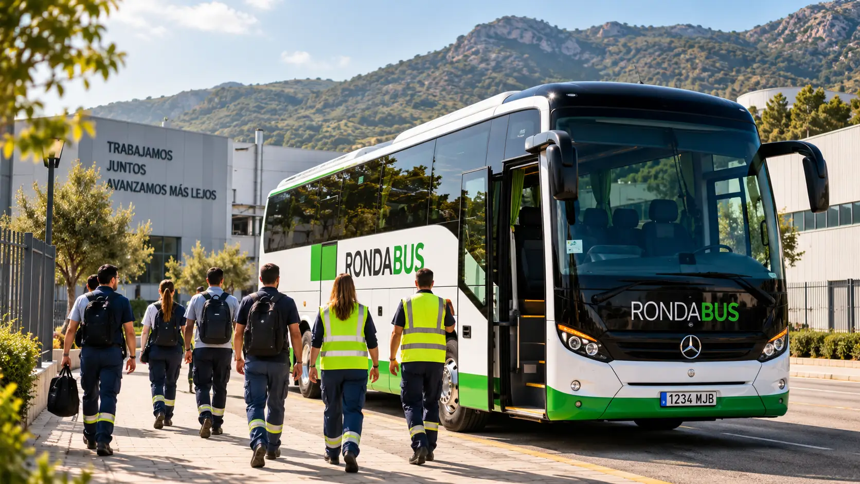 Employees boarding a Rondabus coach